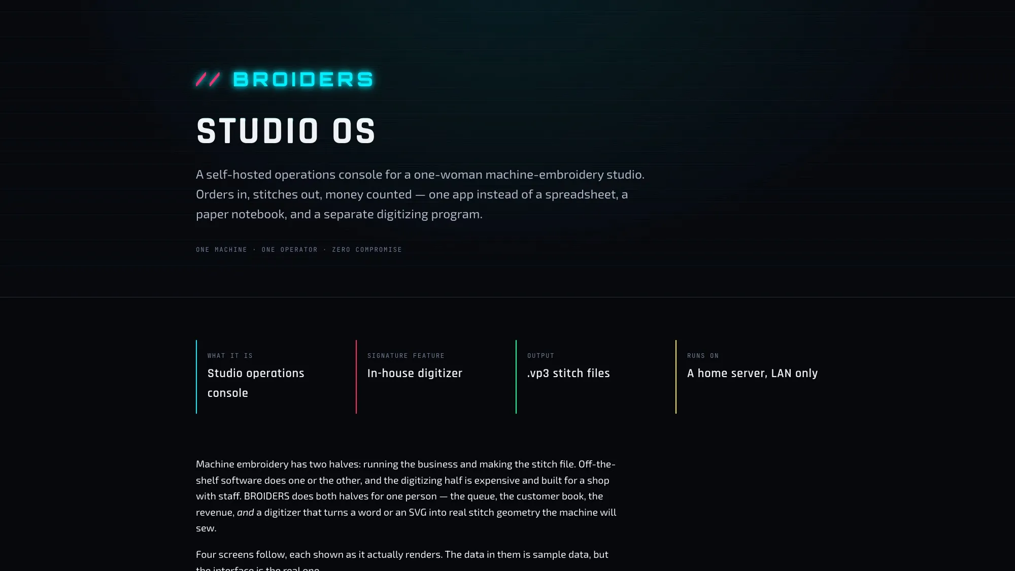 The top of the Broiders showcase, the BROIDERS Studio OS title in neon cyan on a dark background over a one-line summary of the app and four facts. Studio operations console, in-house digitizer, .vp3 stitch files, and a home server on the LAN.