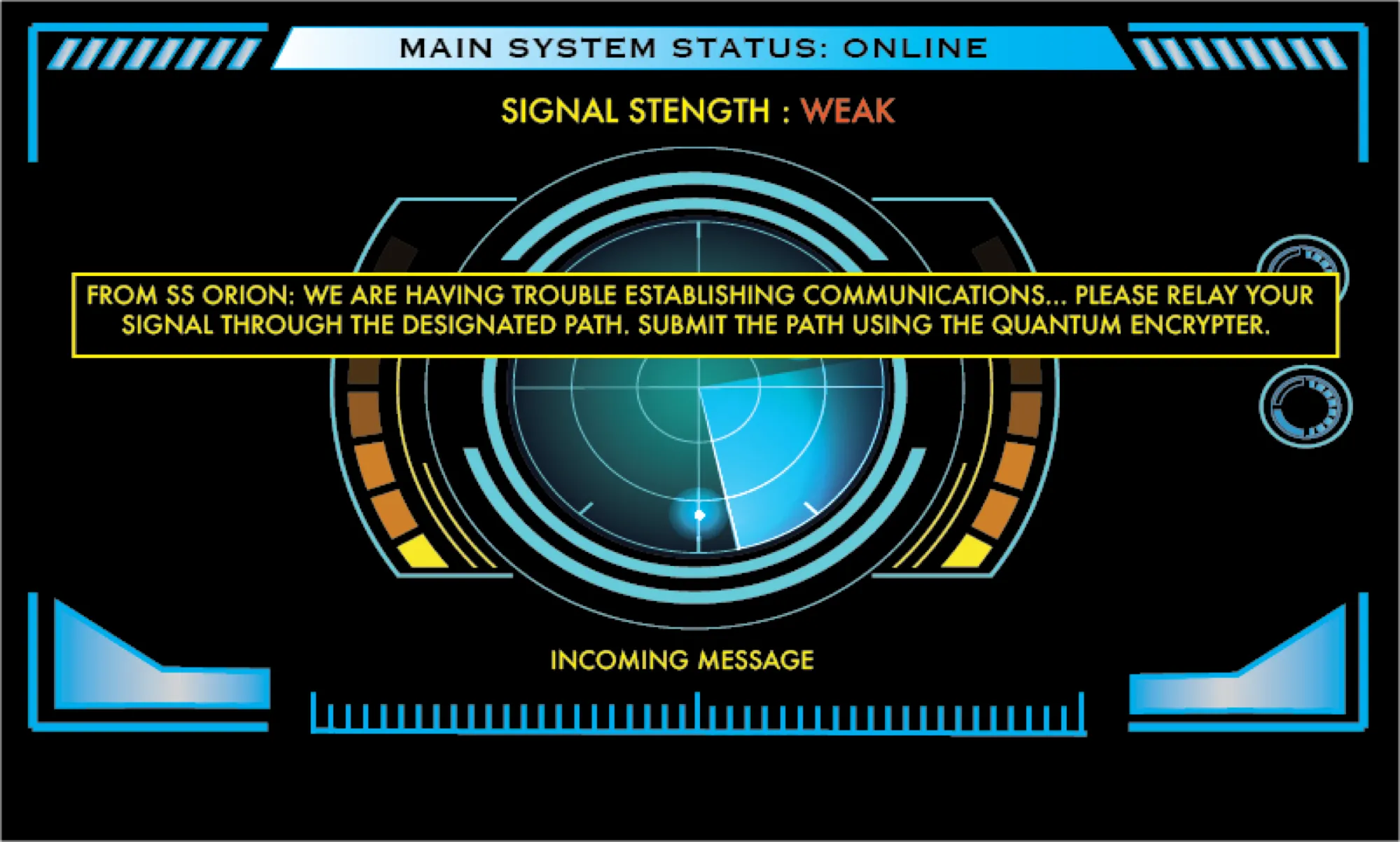 The Pi screen directing players to route the distress signal, shown after the wiring game is solved