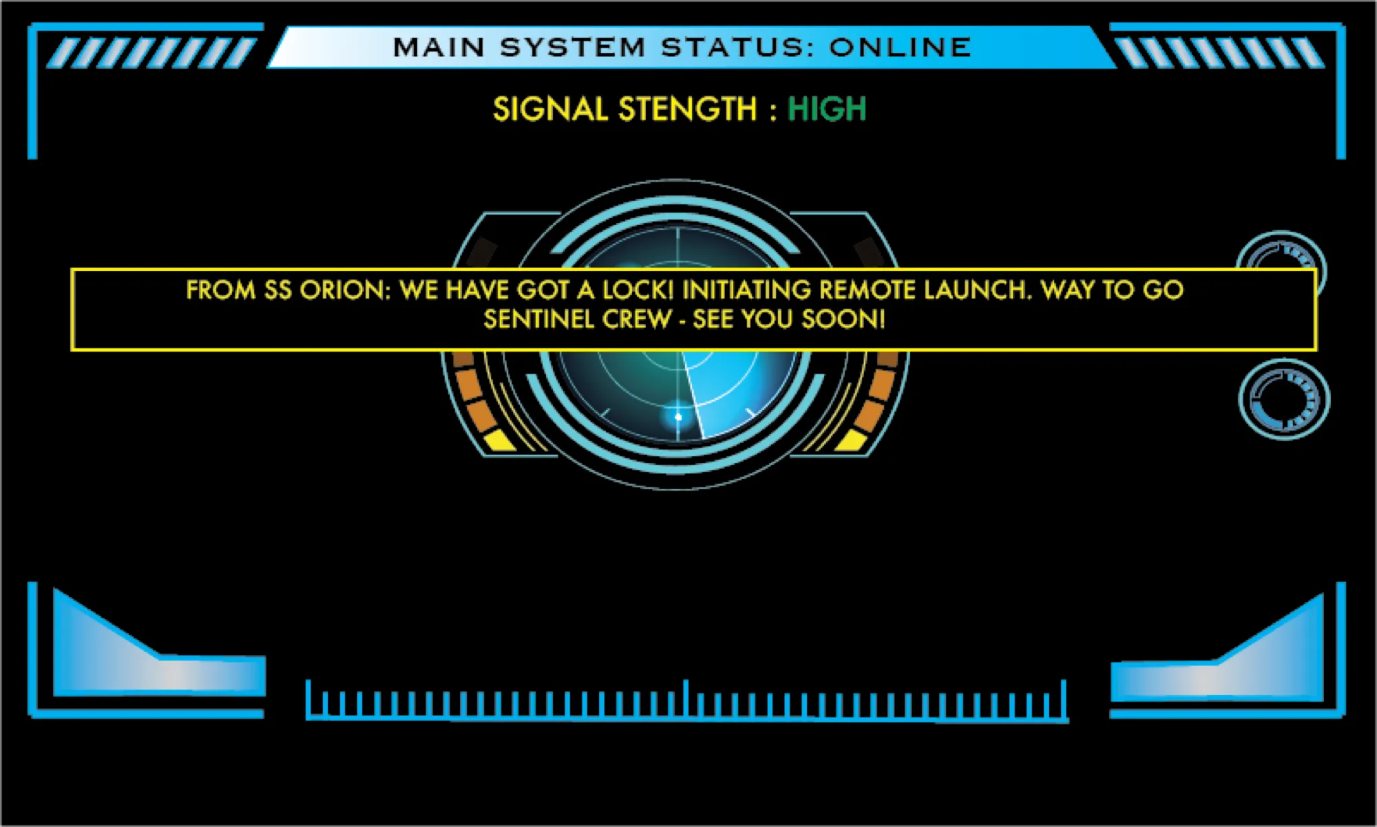 The Pi screen showing the success message after the launch code is entered, the ship has launched