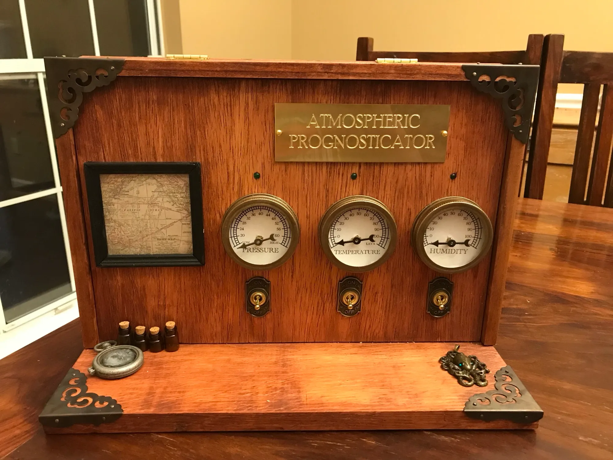 Wooden display with 3 gauges and 3 switches