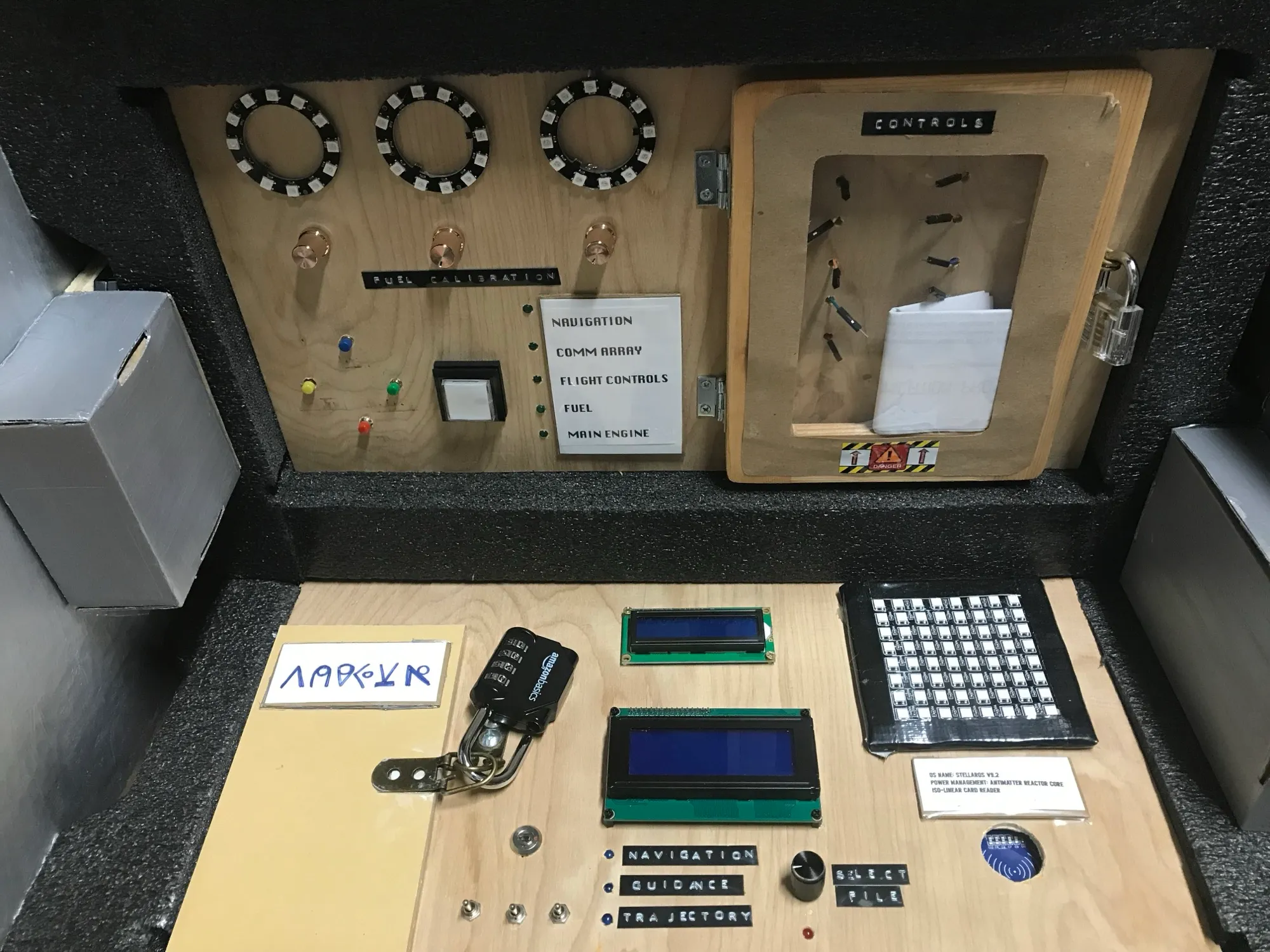 Close view of one section of the build showing hand-made props, wiring, and mounted components