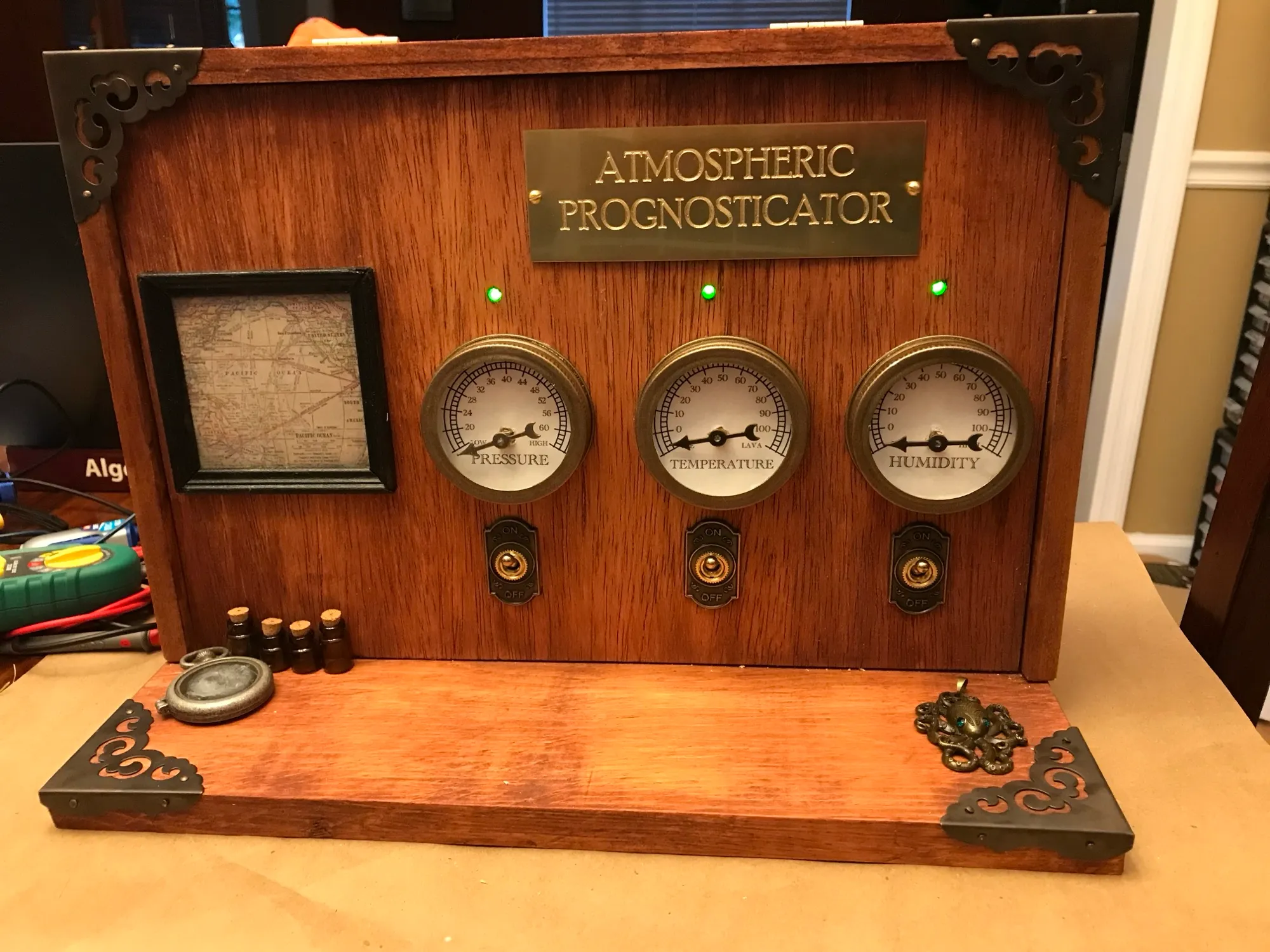 Wooden display with lights on
