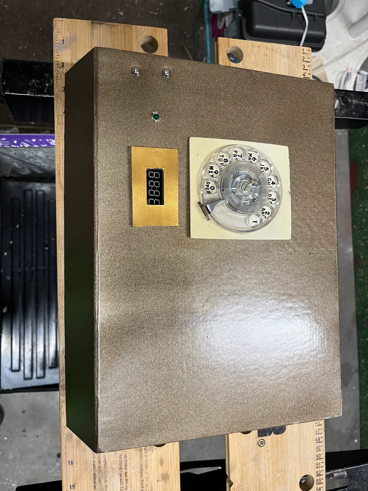 The first version of the safe, built from a cardboard craft box.