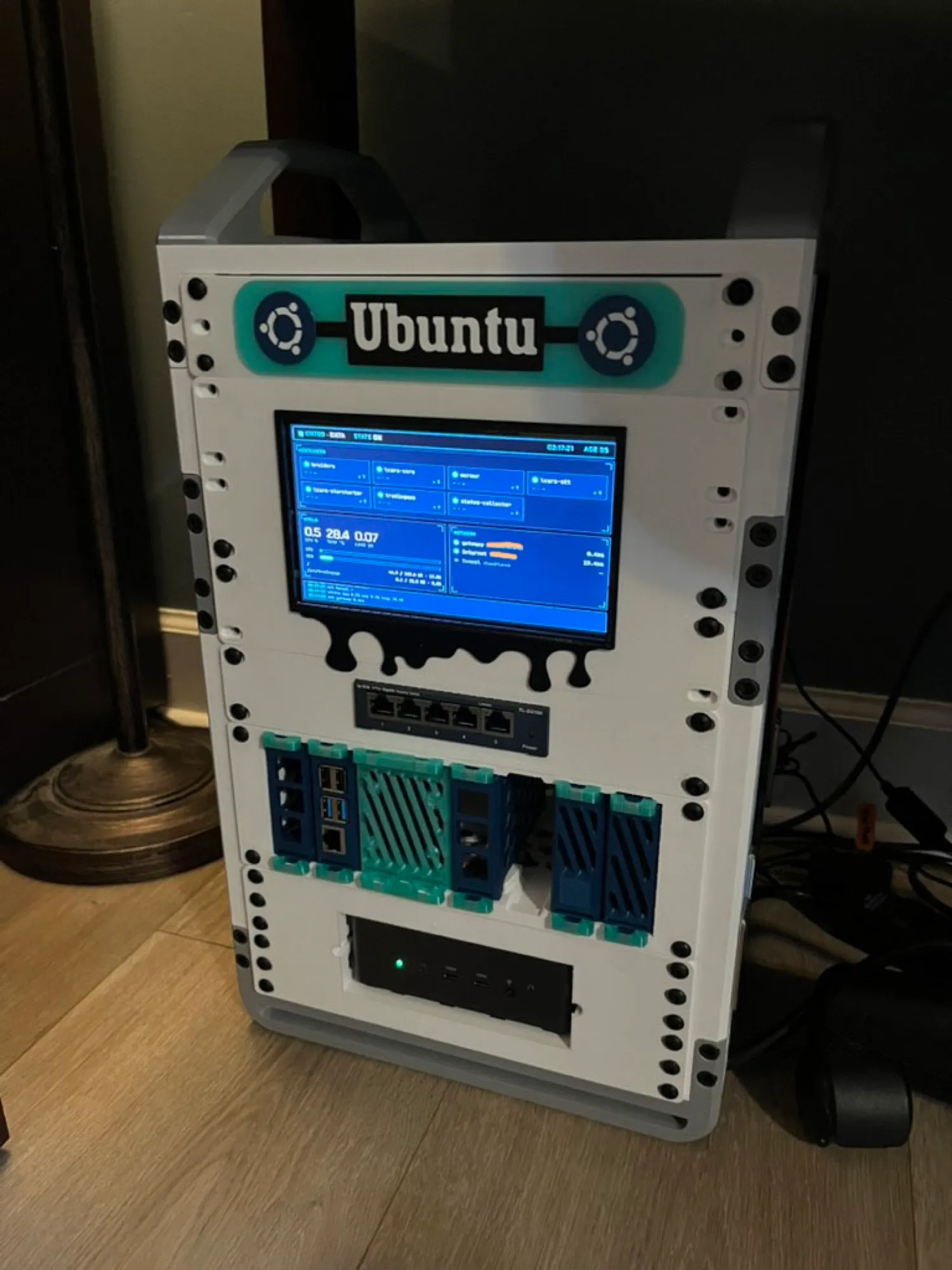 The Minisforum server inside a custom K-Rack 3d printed enclosure