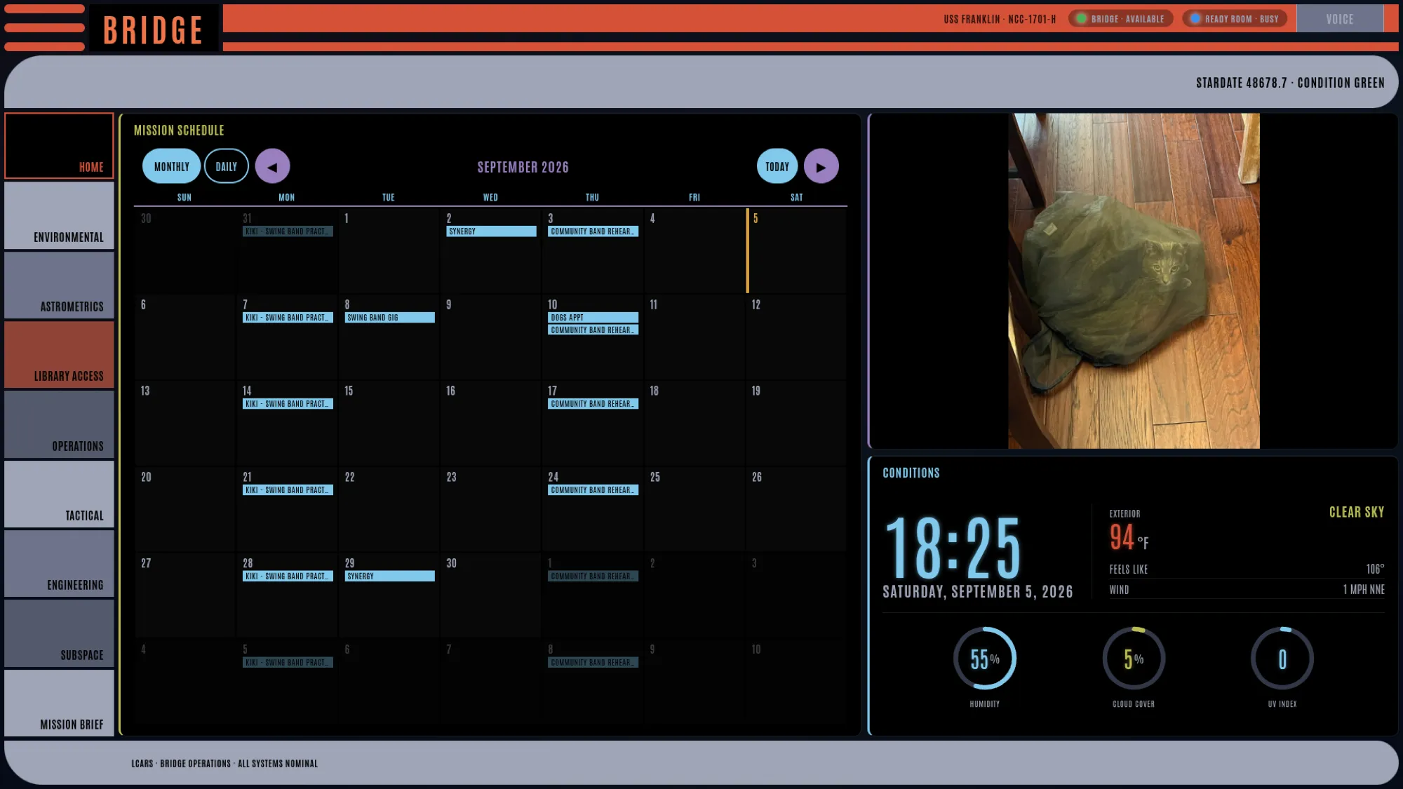 The Home page with calendar, photo slideshow, and conditions panel