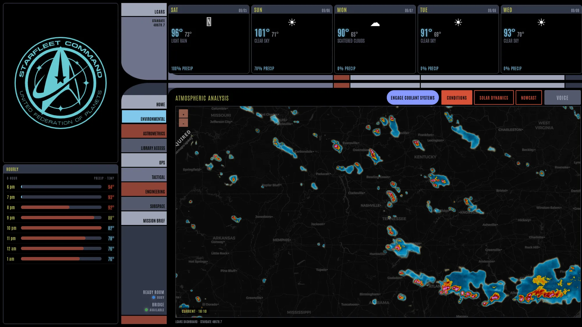 The Conditions page with hourly strip, forecast cards, and radar